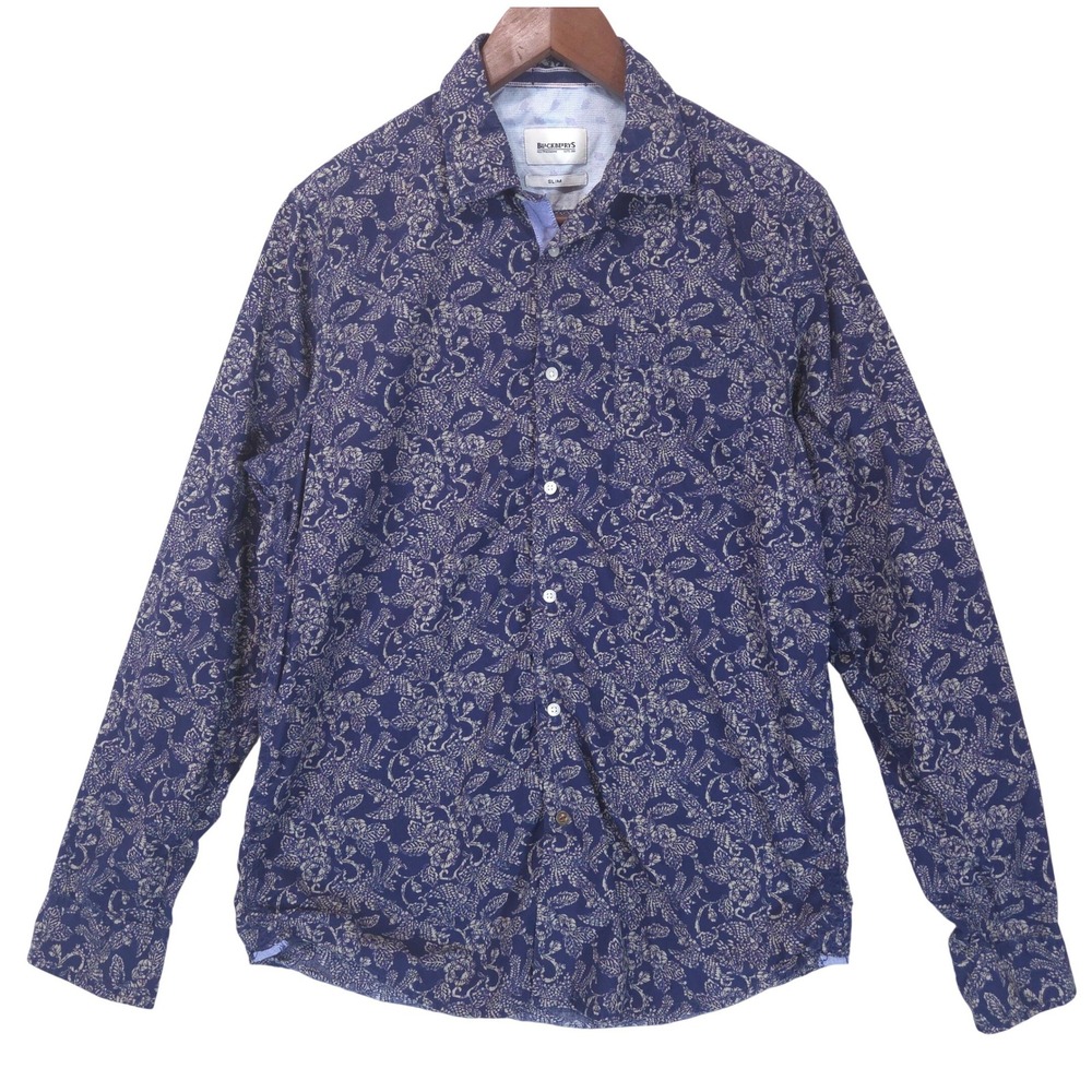 Blackberrys Slim Fit Floral Shirt Mens M Button Up Navy Paisley Preppy Academia